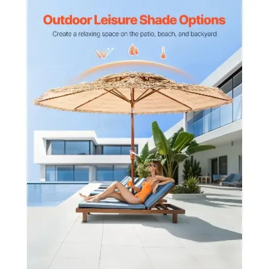 VEVOR Tiki Umbrella, 9 ft Thatched Patio Umbrella with Tilt, 2-Tier Hawaiian Style Beach Parasol with PP Thatch and 8 Metal Ribs, Original Color image {2}