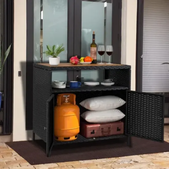 Weatherproof Rattan Storage Cabinet - 2-Door Wicker Patio Box, Outdoor Bar Table for Poolside & Backyard, Garden Furniture image {1}