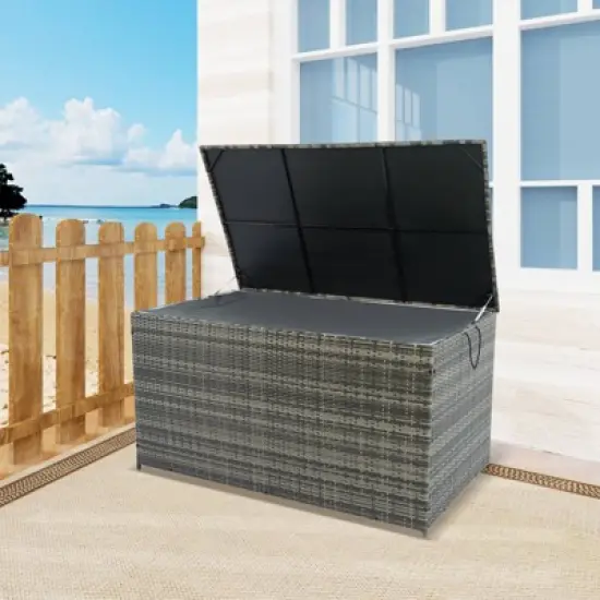 WELLFOR 200gal Wicker Outdoor Storage Box with Lid Gray image {3}