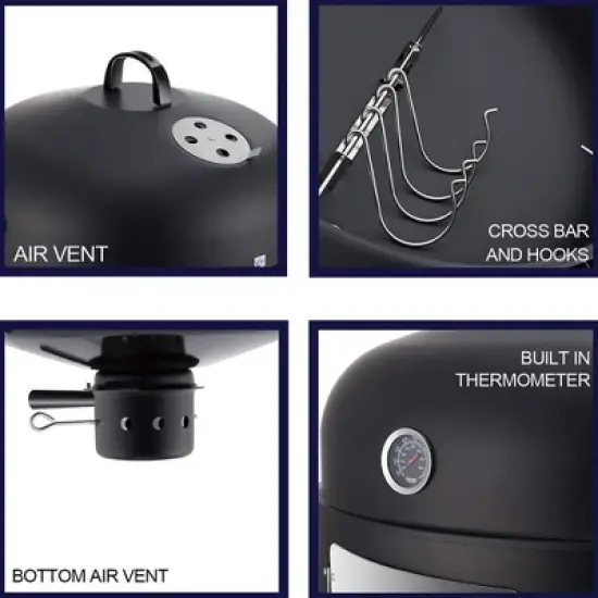 Realcool 20 Inch Vertical Heavy Duty Steel Round Charcoal Outdoor BBQ Smoker Grill with Bottom Air Vent and Latch Locking System, Black image {2}