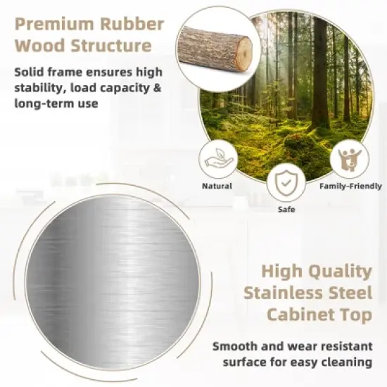 Costway Wood Kitchen Trolley Cart Stainless Steel Top Rolling Storage Cabinet Island image {6}