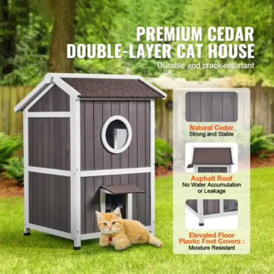 VEVOR Outdoor Cat House Weatherproof, Feral Cat Shelter for Multiple Cats, 2-story Large Outdoor Wooden Cat House with Doors, 23"L x 26"W x 36"H image {2}