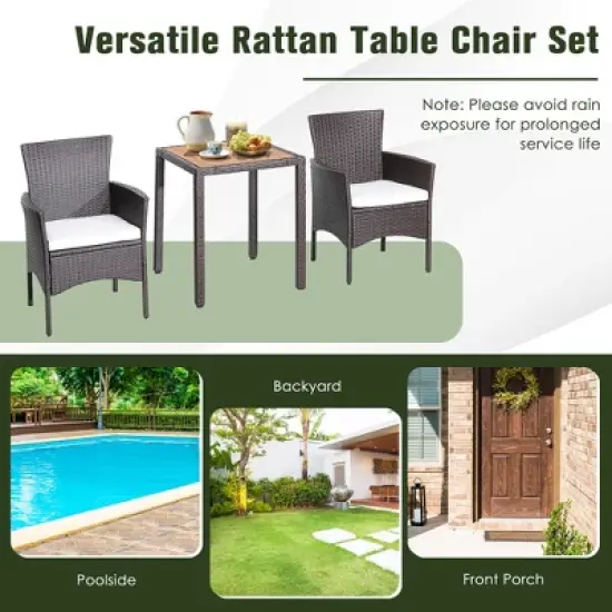 Costway 3PCS Patio Wicker Dining Set Acacia Wood Table Top with Cushioned Chairs Garden image {7}