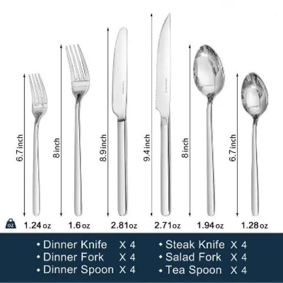 Attop 24-Piece Silverware Set with Steak Knives Stainless Steel Tableware Cutlery Set for Home Restaurant, Mirror Finish image {6}