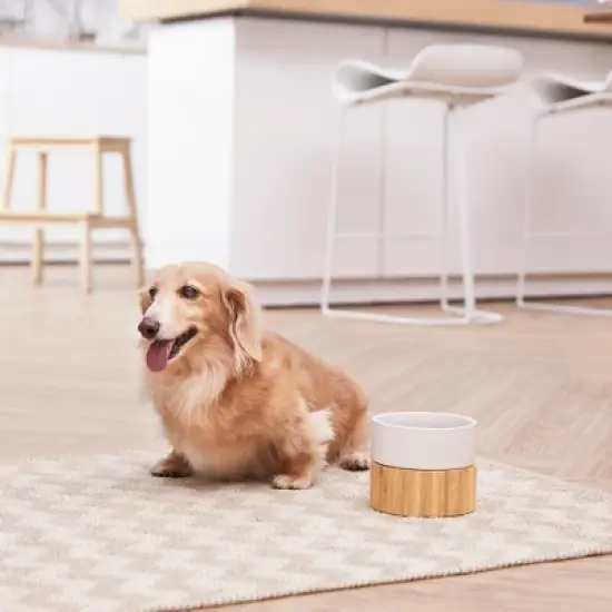 Teamson Pets Billie Raised Dishwasher Safe Food Grade White Ceramic Pet Bowl with Round Ergonomic Bamboo Stand and Non-Slip Padded Bottom, Brown image {1}