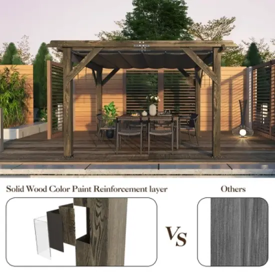 10x12 FT Wood Pergola with Retractable Canopy, Retractable Shade Canopy, Durable, Rot Resistant, for Backyard, Deck, Garden, Outdoor Entertaining image {3}