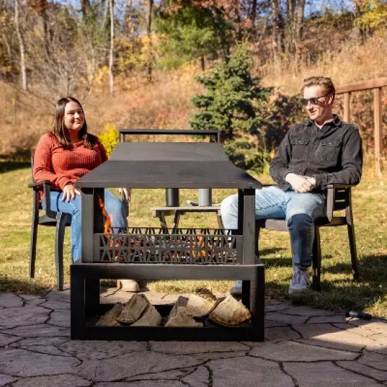 Sunnydaze Backyard Blaze Heavy-Duty Steel Outdoor Fireplace - Built-In Log Storage and Protective Cover - 35-Inch H - Brushed Bronze image {2}