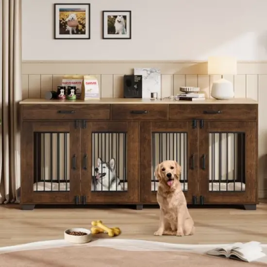 COZONY 71" Dog Crate Furniture for 2 Dogs, Wooden Double Crate with Divider Doors Large Indoor Dog Kennel TV Stand End Table for Large Medium Breeds image {1}