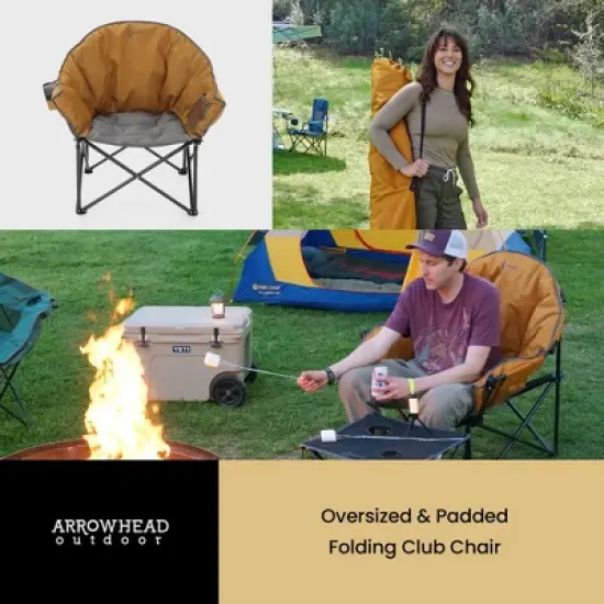 Arrowhead Outdoor Oversized Heavy-Duty Club Folding Camping Chair w/External Pocket, Cup Holder, Portable, Padded, Moon, Round, Bag (Workwear Tan) image {5}