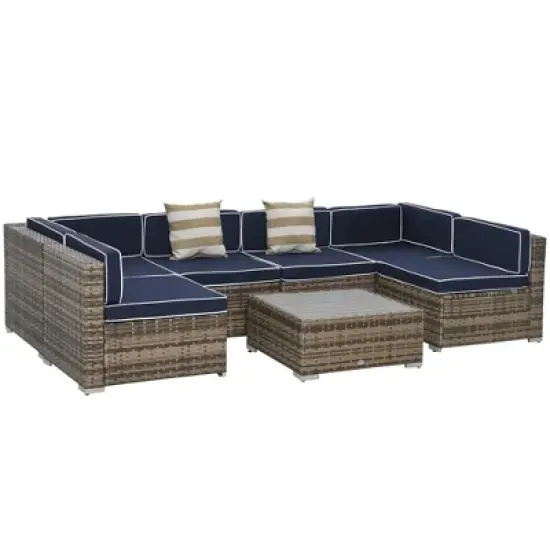 Outsunny 7-Piece Patio Furniture Sets Outdoor Wicker Conversation Sets All Weather PE Rattan Sectional sofa set with Cushions & Slat Plastic Wood Table image {6}