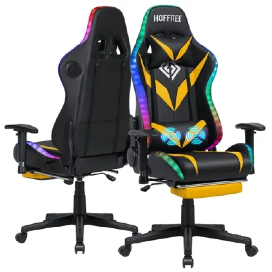 Hoffree Massage Reclining Gaming Chair Ergonomic Office PC Chair with Bluetooth Speaker & RGB Light image {17}