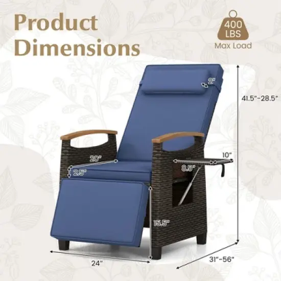 Costway 1/2 PCS Patio Wicker Recliner Chair with Adjustable Backrest Footrest Flip Side Table Navy image {3}