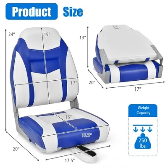 Costway High Back Folding Boat Seats w/ Blue White Sponge Cushion & Flexible Hinges image {3}