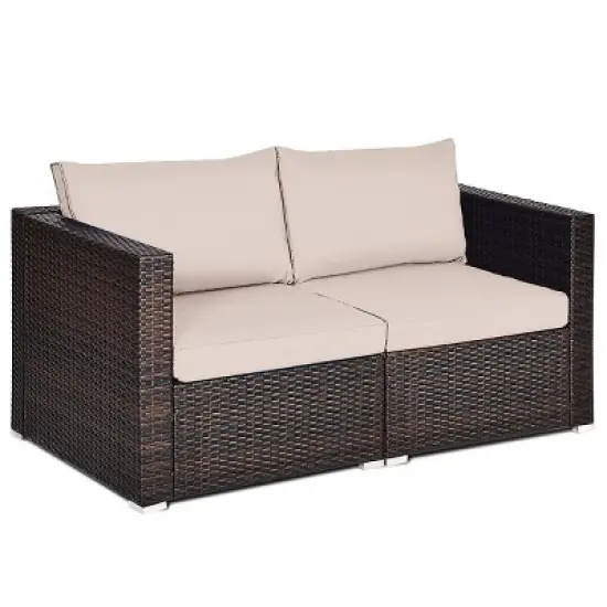 Tangkula 2-Piece Patio Wicker Corner Sofa Set Rattan Loveseat with Removable Cushions image {8}