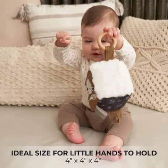 Soft Toy Block with Wooden Ring for Babies 0-6 Months &ndash; High Contrast Sensory Cube & Teether with Tummy Time Mirror for Newborn Development image {4}