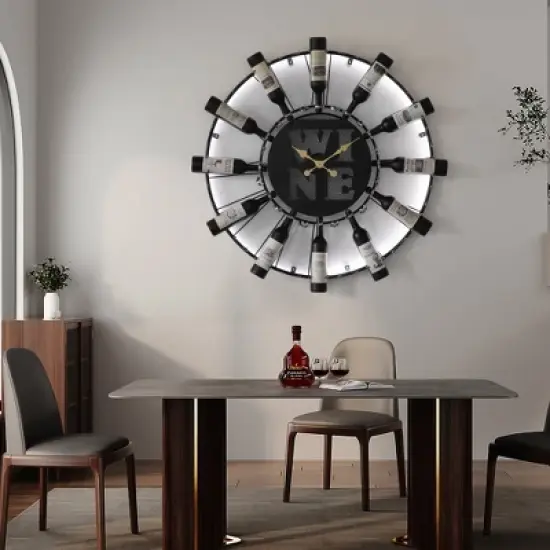 Vintiquewise Large Clock Wall-Mount Metal Wine Shelf &ndash; 24-bottle Rack with Mesh Cork Basket and LED Light &ndash; Elegant Wine Display image {6}