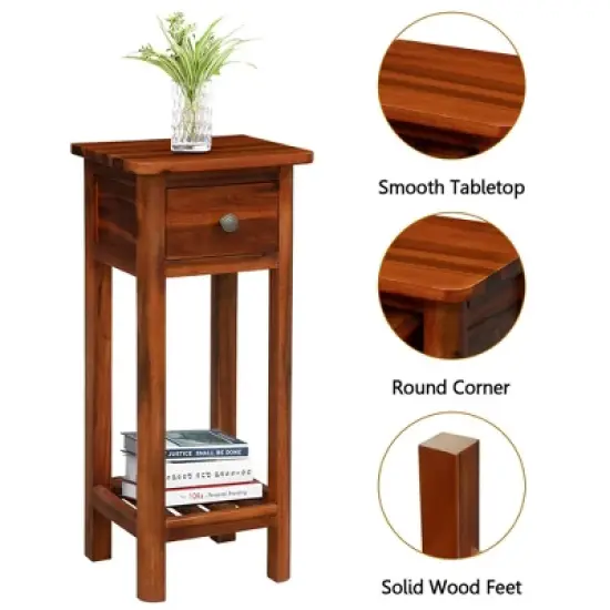 Costway 2PCS 2 Tier End Bedside Sofa Side Table with Drawer Shelf Acacia Wood Nightstand image {9}