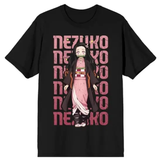 Demon Slayer Nezuko Repeat Text Crew Neck Short Sleeve Men's Black T-shirt image {3}
