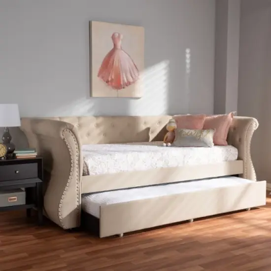 Twin Cherine Classic and Contemporary Fabric Upholstered Daybed with Trundle Beige - Baxton Studio image {8}