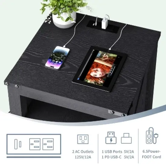 Dyonery Modern Wood End Table with Charging Station,Rustic 18 Inch Bedside Table with 2 Storage Drawers and Open Shelf,  for Bedroom,Living Room image {2}