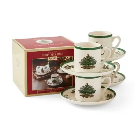 Spode Christmas Tree Espresso Cup & Saucer Set (Set of 4) - Festive 3 Ounce Coffee Mugs with Saucers, Fine Earthenware - Dishwasher & Microwave Safe image {1}