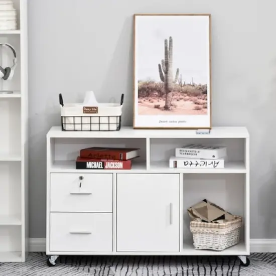 HOMCOM Printer Stand Home Office Mobile Cabinet Organizer Desktop with Caster Wheels, 2 Locking Breaks and Drawer image {1}