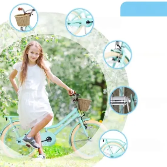 DSVIMOY 20 inch Girls Bike with Basket for 7-10 Years Old Kids, No Training Wheels Included, Mint Green, 55.51"*21.26"*32.48" image {1}