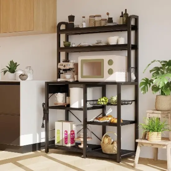 6-Tier Retro Bakers Rack with Power Outlet - Large Freestanding Kitchen Microwave Stand, Open Storage Shelves & Wire Basket, Utility Storage Shelf image {5}