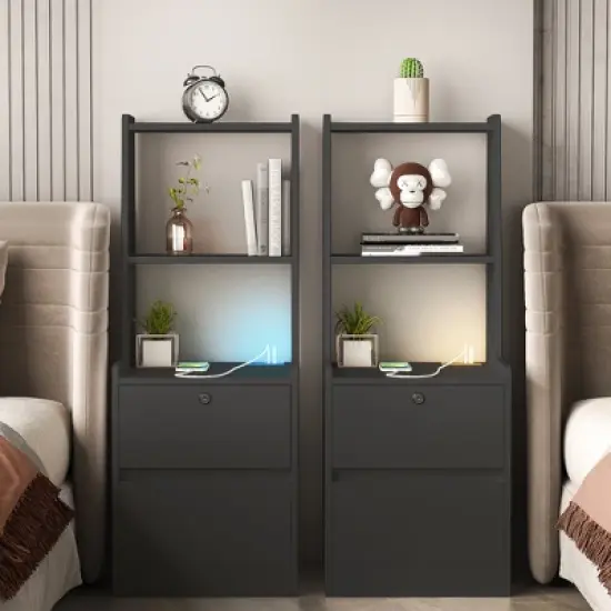 TiramisuBest Nightstand with Charging Station, Smart Nightstand with Night Light, Modern Night Stand with Bookshelf, Bedside Tables with Sto image {3}