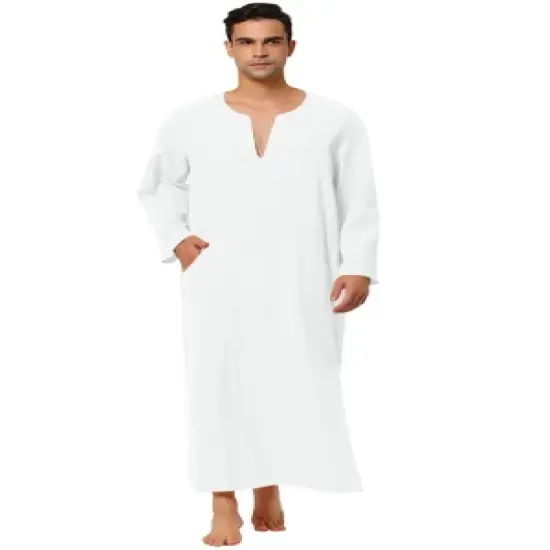 Lars Amadeus Men's Cotton V-Neck Side Split Long Night Gown with Pocket image {9}