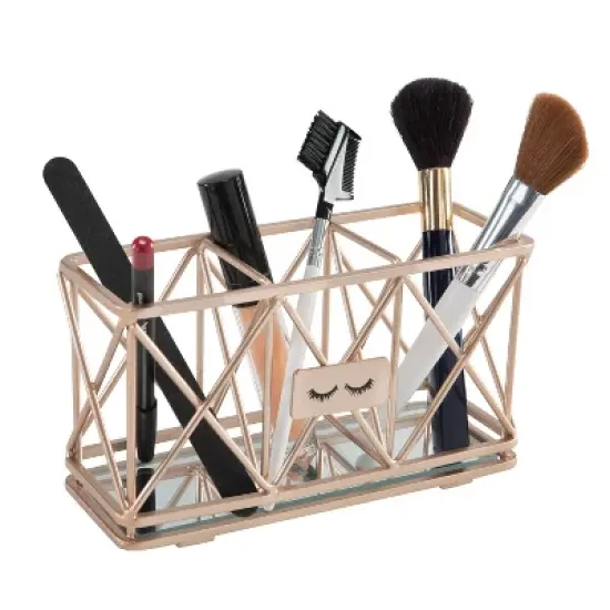 Three Compartment Cosmetic Brush and Pencil Organizer Rose Gold - Home Details: Steel Vanity Storage, Spot Clean image {1}