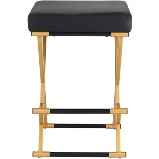 55 Downing Street Metal Bar Stool Gold 25" High Mid Century Modern Black Faux Leather Cushion with Footrest for Kitchen Counter Height Island Home image {5}