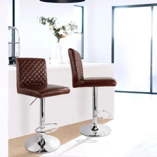 Elama 2 Piece Adjustable Tufted Faux Leather Bar Stool in Glossy Cherry with Chrome Base image {1}
