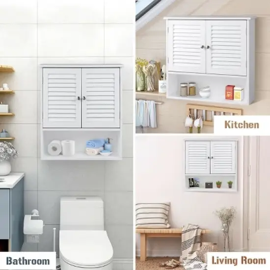Costway Bathroom Wall Storage Cabinet Double Doors Shelves Kitchen Medicine Organizer image {7}