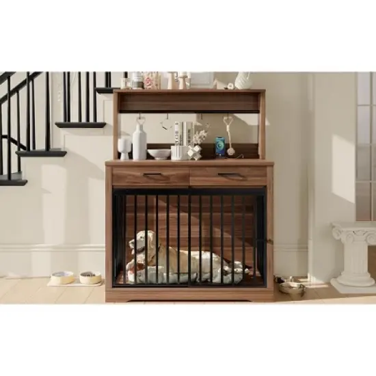 38in Dog Crate Furniture, Heavy Duty Dog Cage Table with 2 Storage Drawers and Shelves, Side End Table with Sliding Door for Dogs Indoor, Brown image {8}