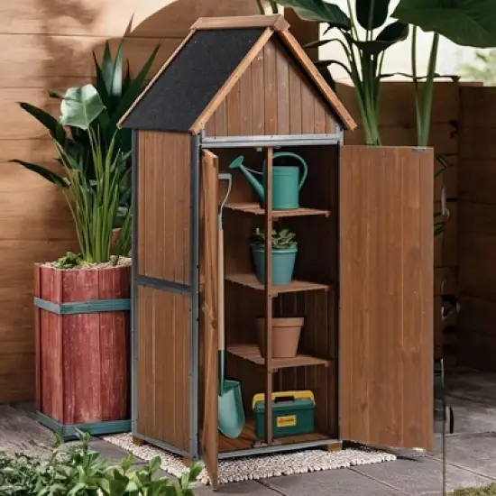 GDFStudio Forster Modern 67" Fir Wood Outdoor Storage Shed with Metal Frame image {8}