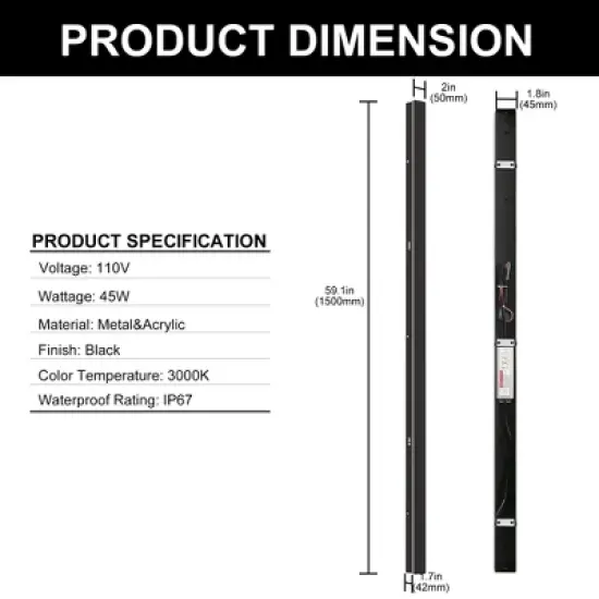 DORESshop Outdoor Wall Light 45W Waterproof IP65 with Built-in LED, Warm White 3000K, Sable Black, for Corridors, Gardens, and Entryways, 59in Long image {6}