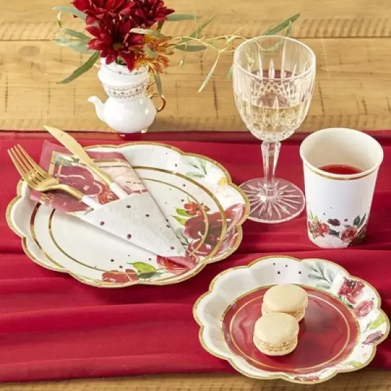 Kate Aspen Burgundy Blush Floral 7 in. Premium Paper Plates (Set of 64) | 28519NA image {2}