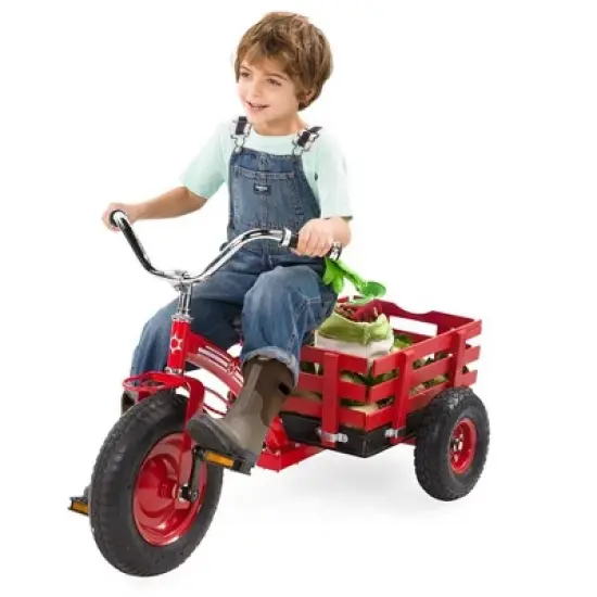 HearthSong Kids Classic Red Metal Tricycle with Attached Slatted-Wood Wagon image {11}