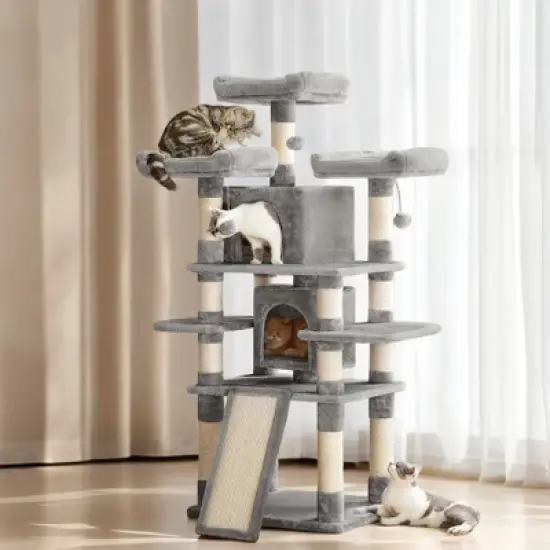 Feandrea 67"H Cat Tree Cat Tower for Indoor Cats, Plush Multi-Level Cat Condo with Scratching Posts, Light Gray image {1}