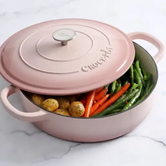 Crock Pot Artisan 5 Quart Round Enameled Cast Iron Braiser Pan with Self Basting Lid in Blush Pink image {5}
