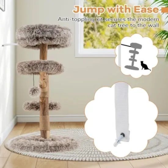 Costway Modern Cat Tree with Pear Wood Trunks Scratching Posts Soft Long Plush Fabric image {7}
