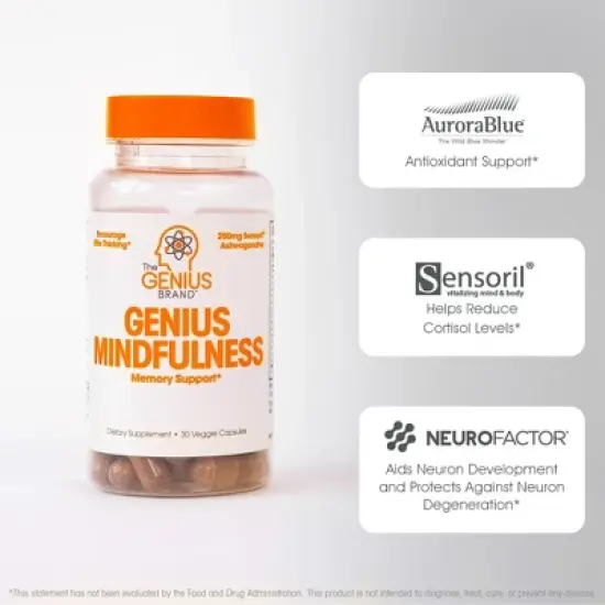 Genius Mindfulness &ndash; Calming Nootropic with Ashwagandha, Blueberry & NeuroFactor &ndash; Supports Memory, Focus & Energy &ndash; 30 Capsules image {3}