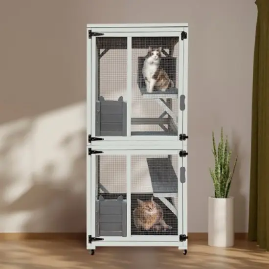 LOVMOR Wooden Catio Outdoo Cat Enclosure on Wheels, Kitty Condo Cage Shelter Playpen w/ Sliding Doors, Platforms & Weatherproof Asphalt Roof image {2}