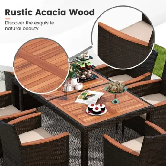 Costway 7 Pieces Outdoor Wicker Dining Set with Acacia Wood Table and 6 Stackable Chairs image {8}
