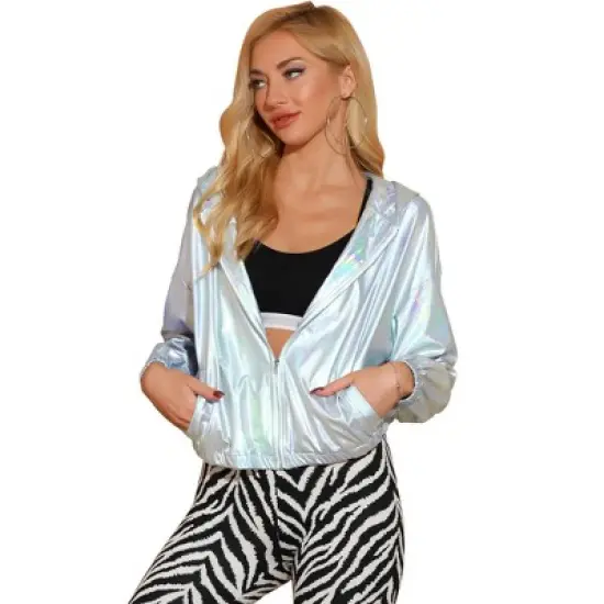 Allegra K Women's Holographic Shiny Long Sleeve Zipper Hooded Metallic Jacket image {13}