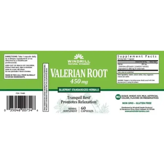 Windmill Valerian Root 450mg Extract - 60 Caplets image {1}