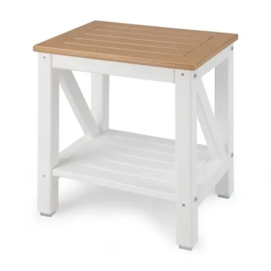 Costway 2-Tier Heavy Duty Waterproof HDPE Shower Bench Stool with Bottom Storage Shelf Off  White & Brown image {9}