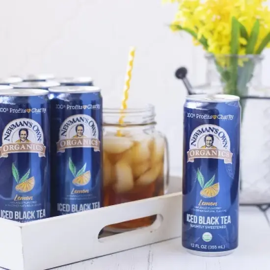 Newman's Own Organics Lemon Iced Black Tea, Slightly Sweetened, Iced Tea Cold Brew 12 Oz Cans, Pack of 12 image {1}