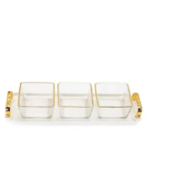 Classic Touch 3 Bowl Serving Dish White Tray and Glass Bowls with Gold Trim - 13.5"L image {1}